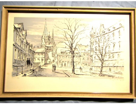 Zeichnung Tusche Aquarell Markt Burgstädt gerahmt 27x40 Fischer (C21632)