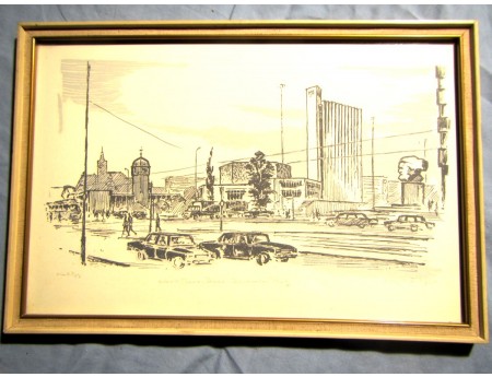 Karl-Marx-Stadt Zentraler Platz Zeichnung Tusche Aquarell gerahmt 27x40 Fiscxher (21633)