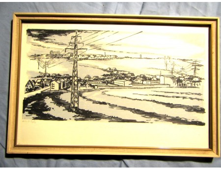 Zeichnung Röhrsdorf gerahmt 27x40 Tusche Aquarell Fischer (C21634)