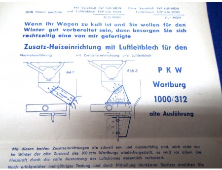 Lufttrichter Wartburg 311 312 DDR Patent Werbeprospekt (22571)