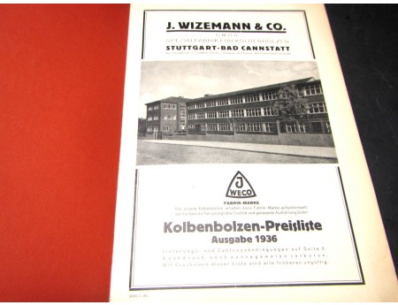 JWECO Wizemann & Co Preisliste Kolbenbolzten 1936 (C19825)
